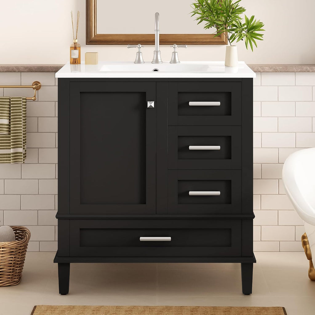 Harper & Bright Designs 30' Bathroom Vanity with Sink, Free Standing Single Basin Vanity Set with One Door, 2 Drawers and Divided Drawers, Wood Bathroom Cabinet with Ceramic Basin for Bathroom, Black