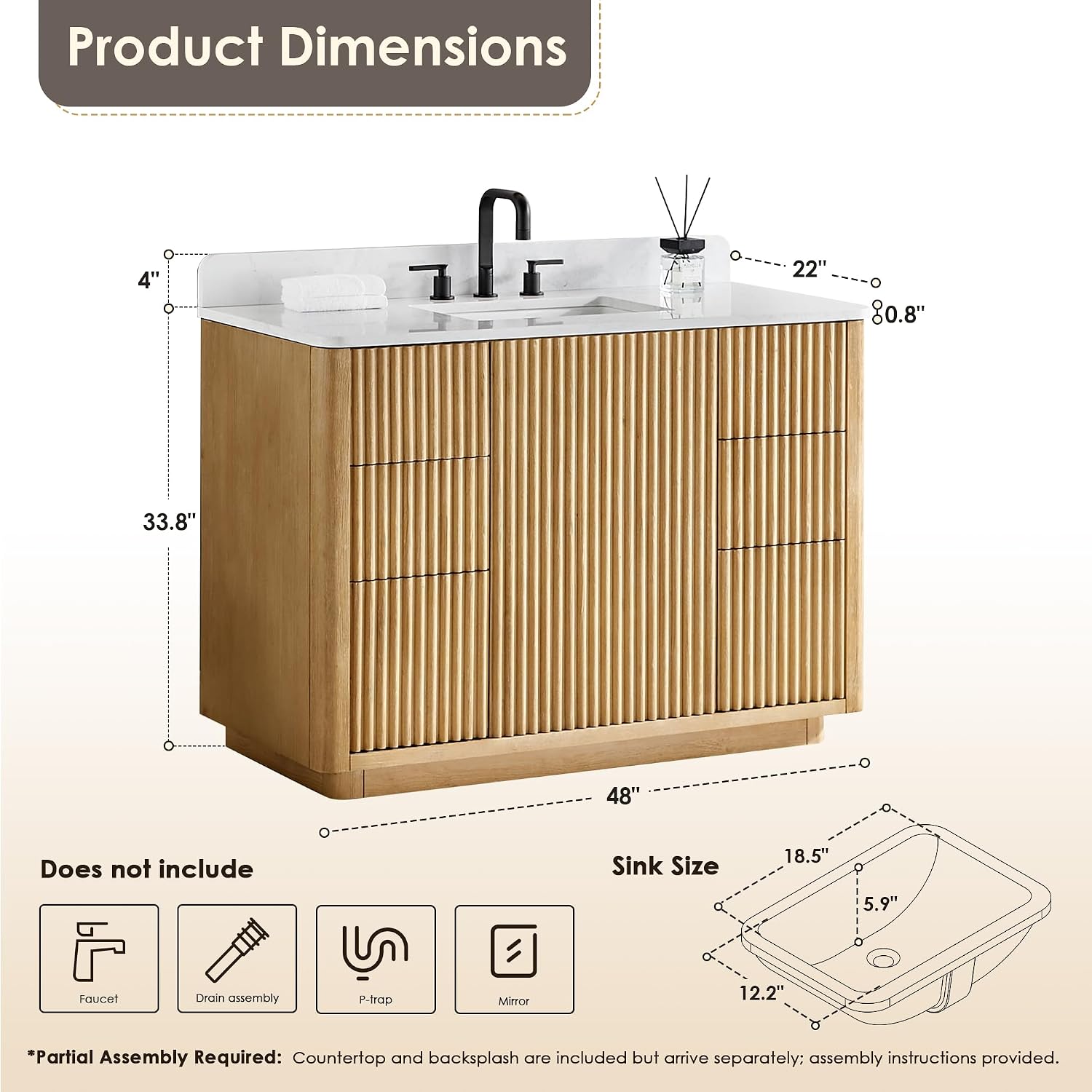 ALTAIR 48 Inch Bathroom Vanity with Sink Mordern Pedestal Single Vanities Light Brown Large Storge Cabinet with Backsplash Ceramic Countertop Pre-Assembled Bath Fixtures Farmhouse