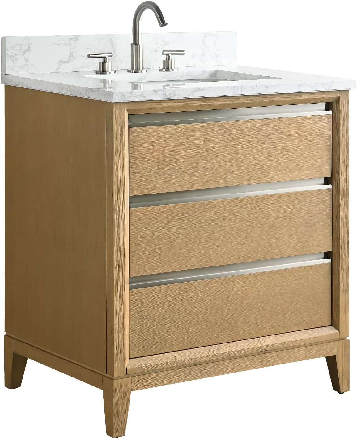 Vanity Art 30 inch Small Bathroom Vanity with Sink & Ceramic Top, Oak Vanity Cabinet with 3 Drawers, Solid Wood Frame, Ceramic Sink, Natural Oak, VA8030-NO1