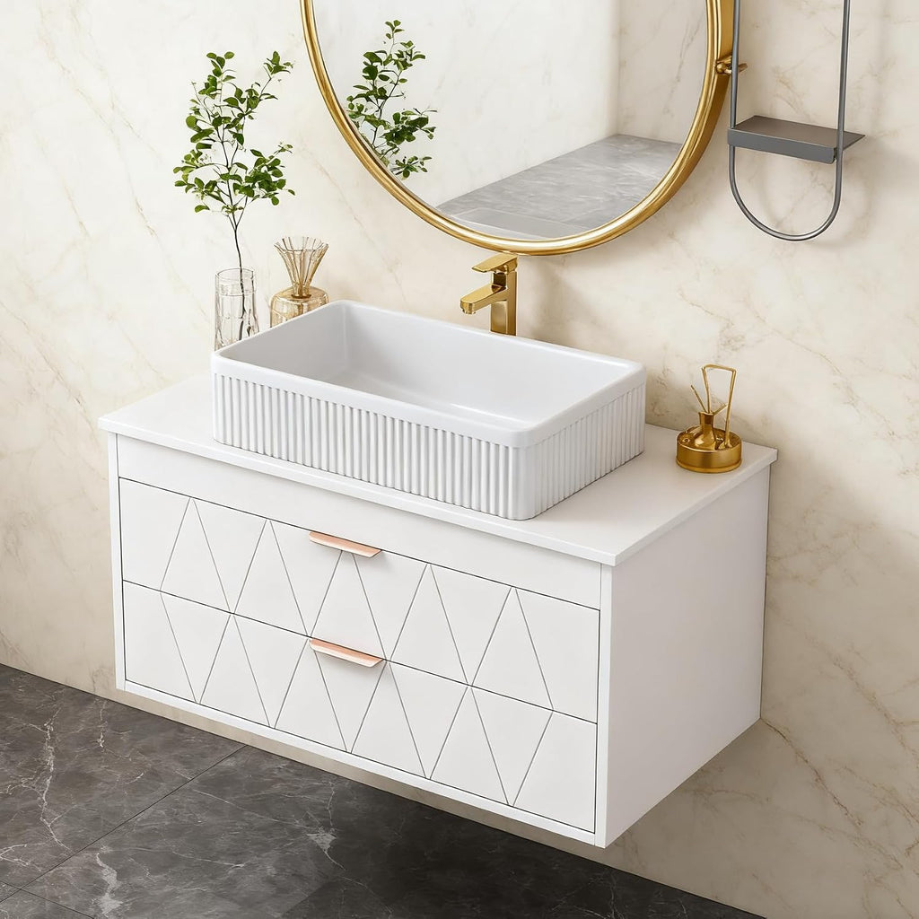 32' Floating Bathroom Vanity with Single Sink, Modern Stripe Wall Mounted Bathroom Vanities with Above Ceramic Basin, Wood Bathroom Vanity Storage Cabinet with 2 Drawers, White