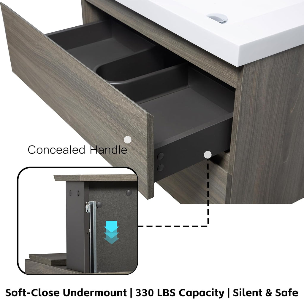 Neftis 30-Inch Floating Vanity with Sink, Pre-Assembled Modern Bathroom Vanity Sink Combo with Storage, Soft-Closing Drawers, One-piece Countertop White Resin Sink, Ash Grey Vanity for Bathroom