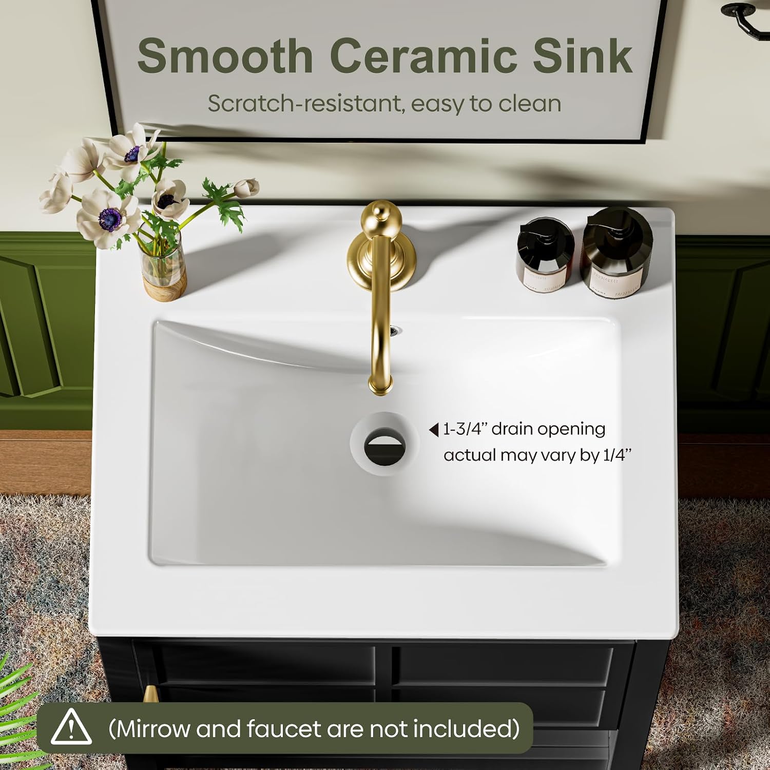 Bathroom Vanity with Sink 24 Inch, Modern Bathroom Cabinet Set with LED Light for Small Space, 2 Soft-Close Drawers with Organizer, Deep and Sloped Single Sink, Easy Assembly, Black