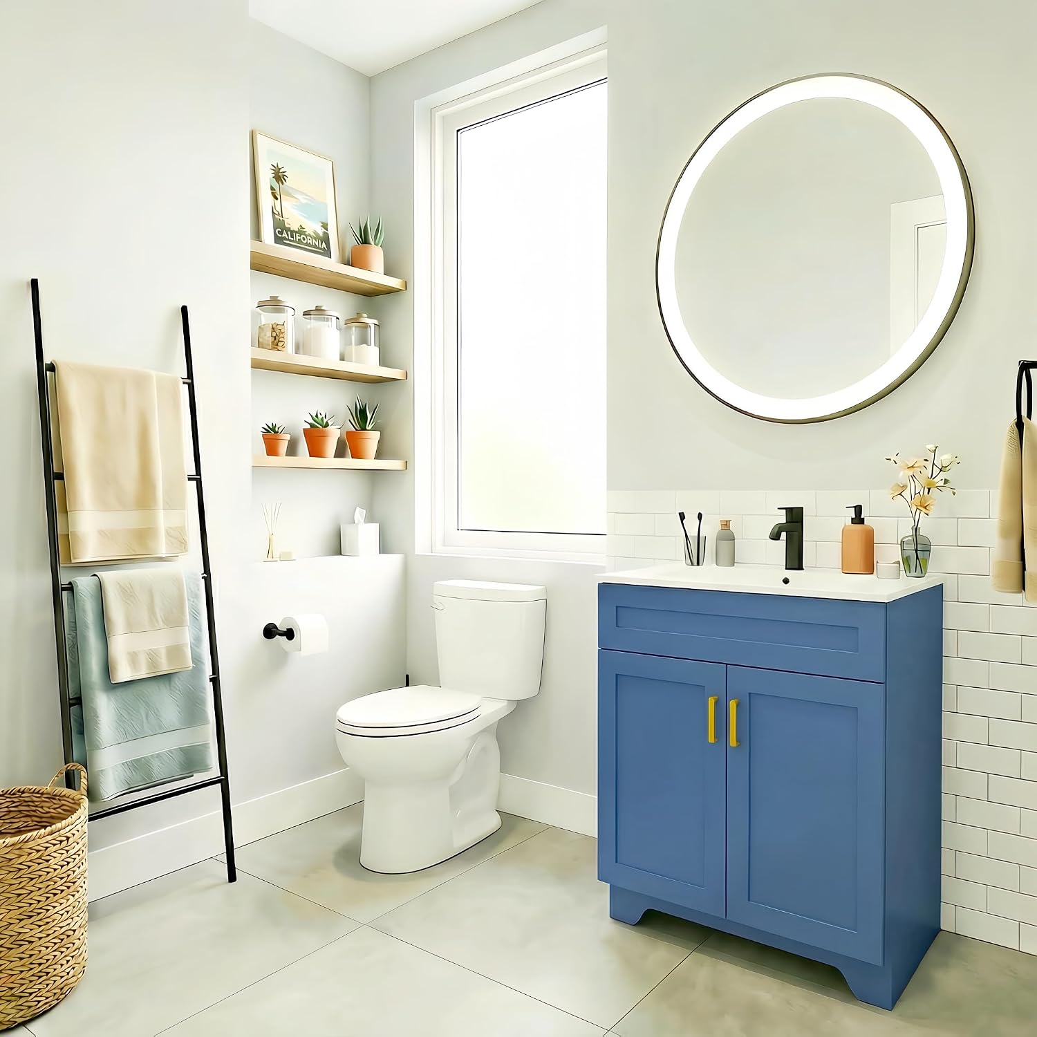 24 Inch Bathroom Vanity with Ceramic Basin and Countertop, Modern Bathroom Vanity with Sink, Narrow Design for Small Bathroom (Blue Shaker)