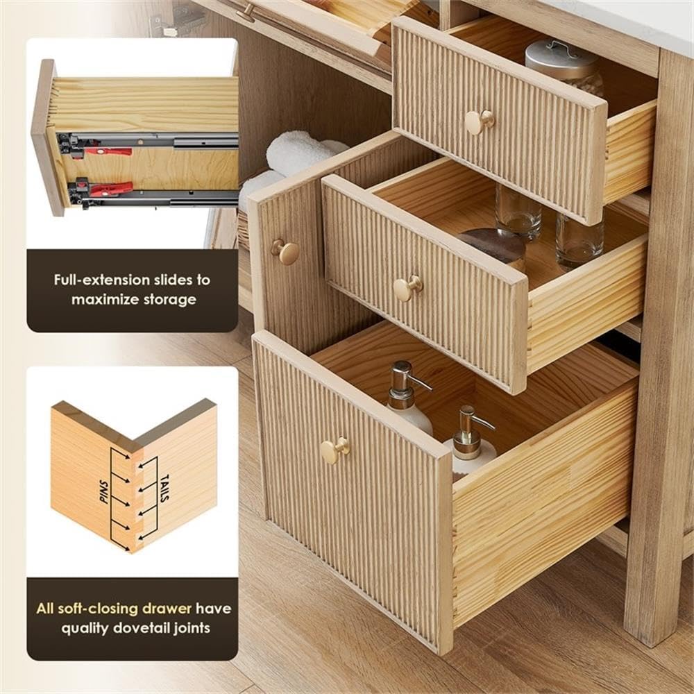 Pemberly Row 60' Single Wood Bathroom Vanity, Natural Oak Finish, White Engineered Stone Top, Fluted Doors, 7 Drawers, Ceramic Undermount Sink, Contemporary Style Without Mirror