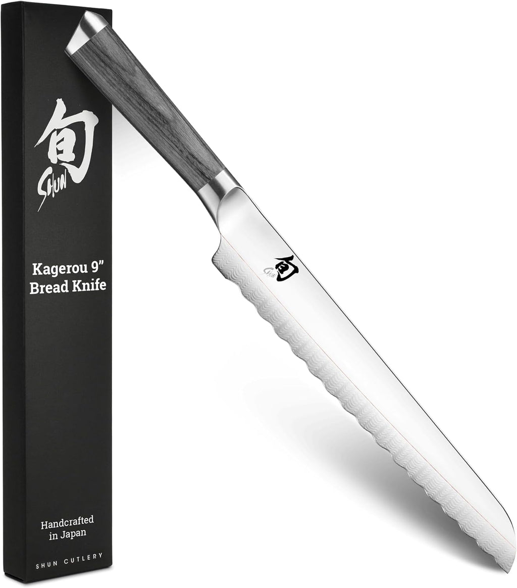 Shun Cutlery Kagerou Bread Knife 9 Inch, Long Sharp Serrations Glide Through Bread, Ideal for Cakes and Pastries, Authentic, Handcrafted, Japanese Serrated Kitchen Knife