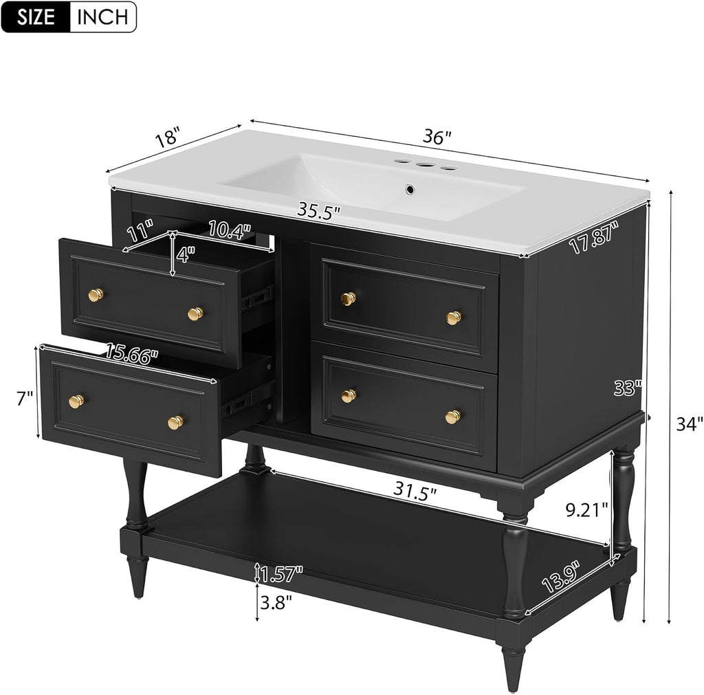 Virubi 36'' Bathroom Vanity with Single Sink, Freestanding Sink Cabinet with 4 Drawers and Open Shelf, Solid Wood Frame Bathroom Storage Cabinet