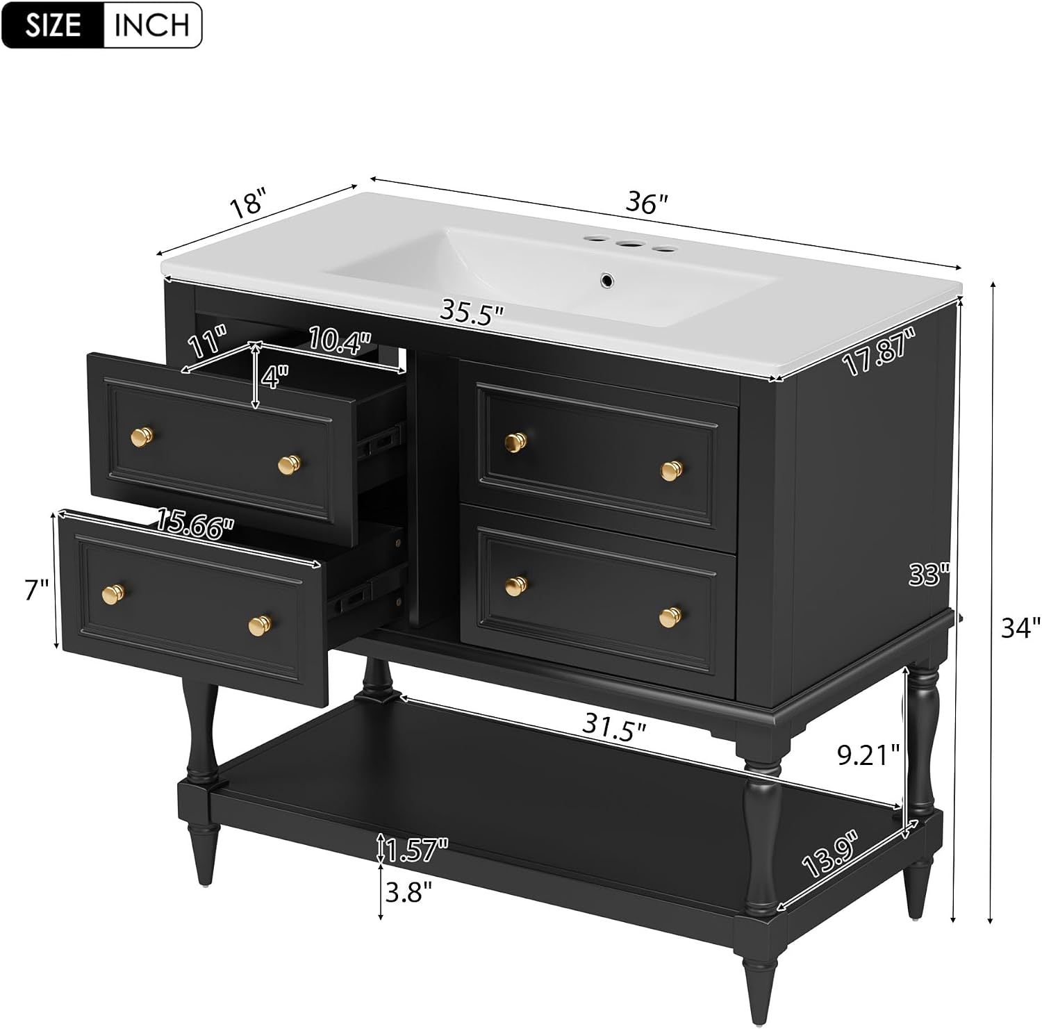 Virubi 36'' Bathroom Vanity with Single Sink, Freestanding Sink Cabinet with 4 Drawers and Open Shelf, Solid Wood Frame Bathroom Storage Cabinet