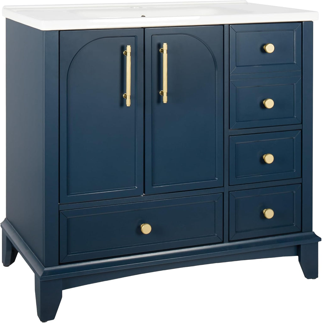36 inch Bathroom Vanity with Sink Combo, Mid Century Modern Freestanding Bathroom Cabinet with Integrated Ceramic Sink, 4 Storage Drawers, 2 Soft Closed Doors, Adjustable Shelves, Golden Handle, Blue