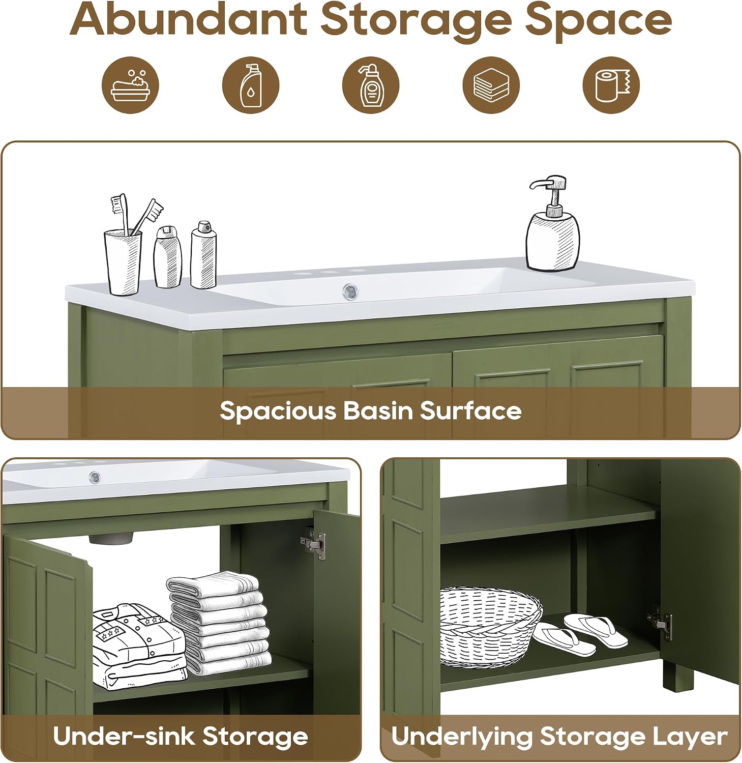 36' Bathroom Vanity with Square White Ceramic Sink Top and Soft Closing Door, Combo Stand Storage Cabinet, Olive Green