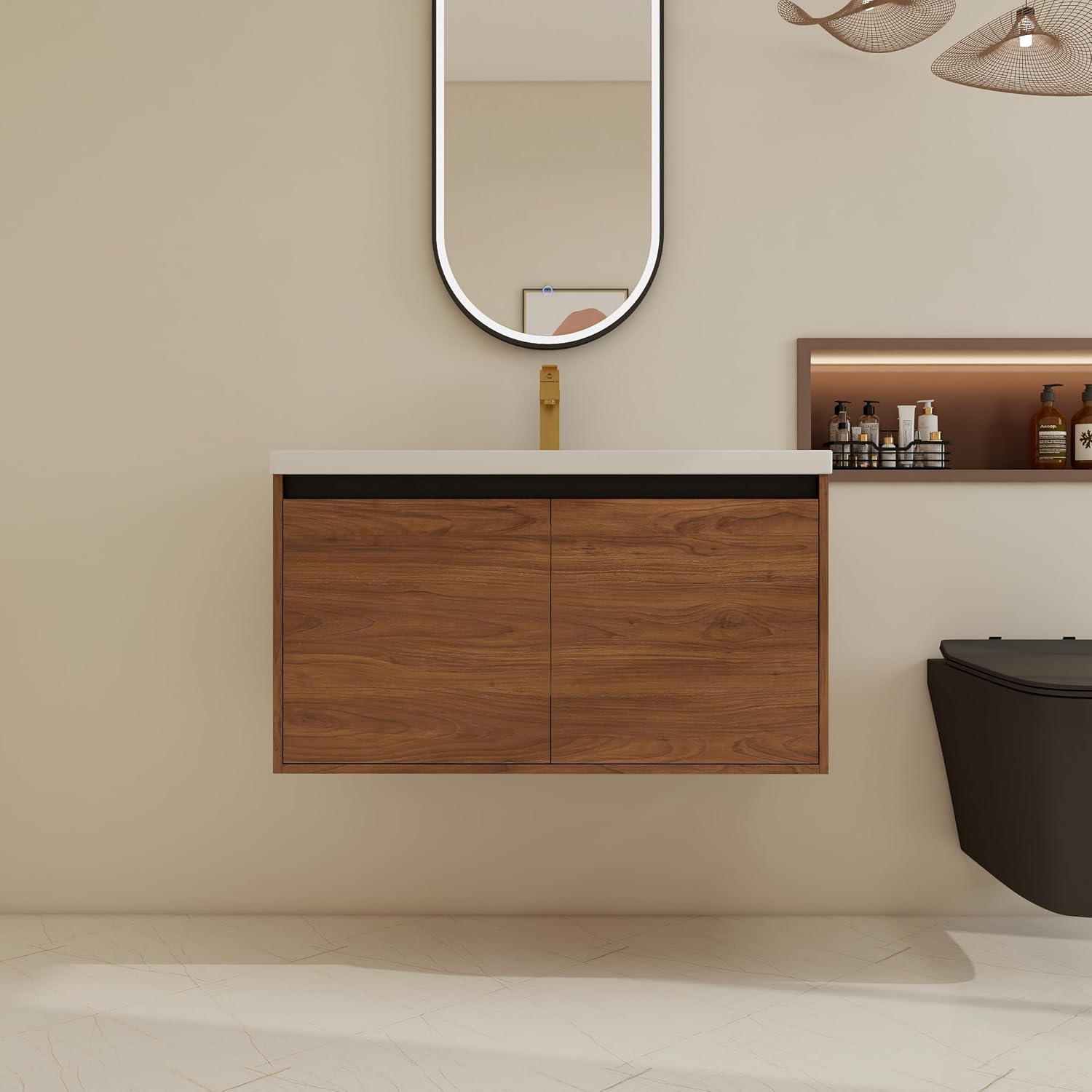 36 inch Bathroom Vanity with Sink, Wall-Mounted Floating Vanity with 2 Soft-Close Doors, Easy Assembly, Engineered Wood in Elegant Brown, Modern Style for Bathroom