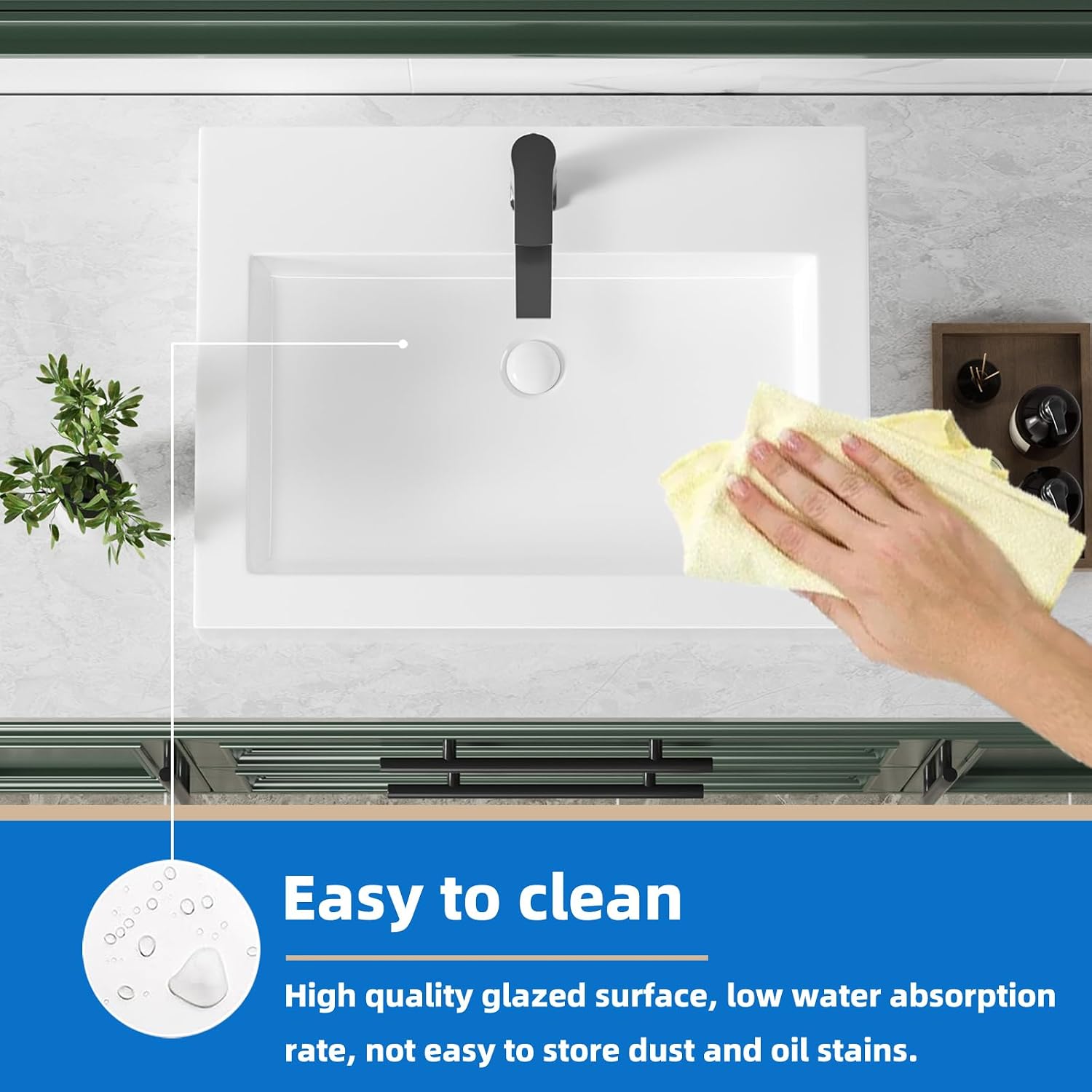 KINGWONG 24' x 18.3' Rectangular Ceramic Vessel Sink, White Bathroom Sink Above Counter, No Overflow Single Hole Basin for Vanity Top, High Temp Fired Porcelain, Stain Resistant Glossy Easy to Clean