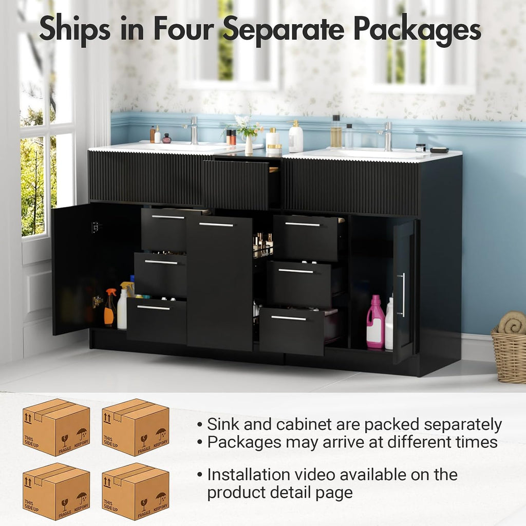 Kikihouse 60 Inch Bathroom Vanity with Double-Sink, Freestanding Modern Bathroom Vanity Cabinet with Ceramic Basin, Storage Organizer with 7 Drawers, for for Spacious Bathrooms (Black, 60 inch)
