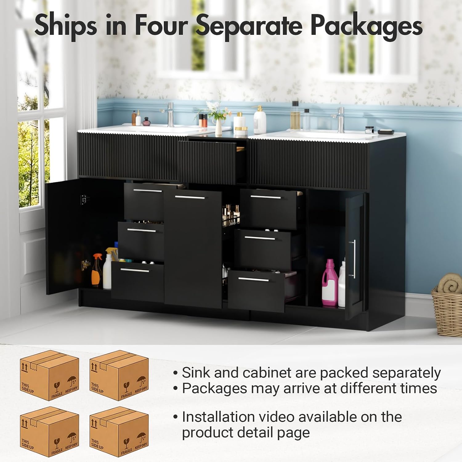 Kikihouse 60 Inch Bathroom Vanity with Double-Sink, Freestanding Modern Bathroom Vanity Cabinet with Ceramic Basin, Storage Organizer with 7 Drawers, for for Spacious Bathrooms (Black, 60 inch)