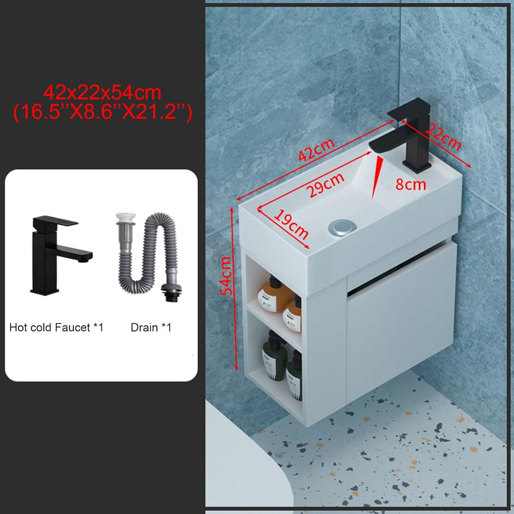 Jcgly Bathroom Vanity Sink Combo for Narrow Small Space, Wall Mounted Cabinet Set White Ceramic Basin Sink Top with Frosted Black Cold Hot Faucet and Drain (Color : Right Faucet, Size : 42x22x54cm)