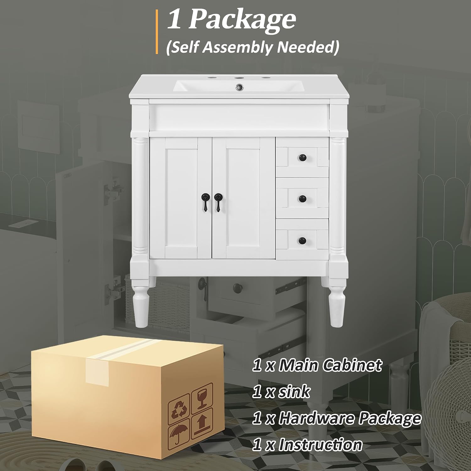 Favfurish 30' Bathroom Vanity with Ceramic Sink,2 Soft-Closing Doors and 3 Drawers,Bathroom Storage Cabinet Set w/U-Shaped Adjustable Shelf,Modern Elegant Design,Without Faucet,White