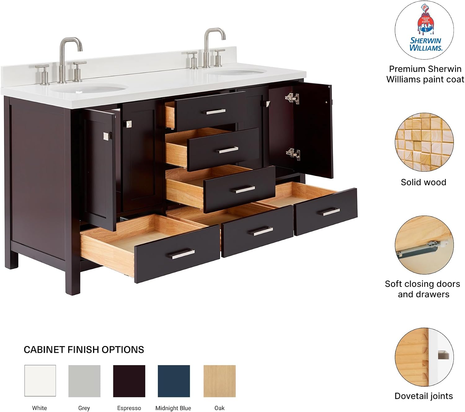 DKB Beckford 66-Inch Espresso Double Bathroom Vanity with 1.5-Inch Edge Pure White Quartz Countertop & Backsplash, 2 Oval Undermount Sinks, 4 Soft Closing Doors, 6 Dovetail Drawers, Brushed Nickel