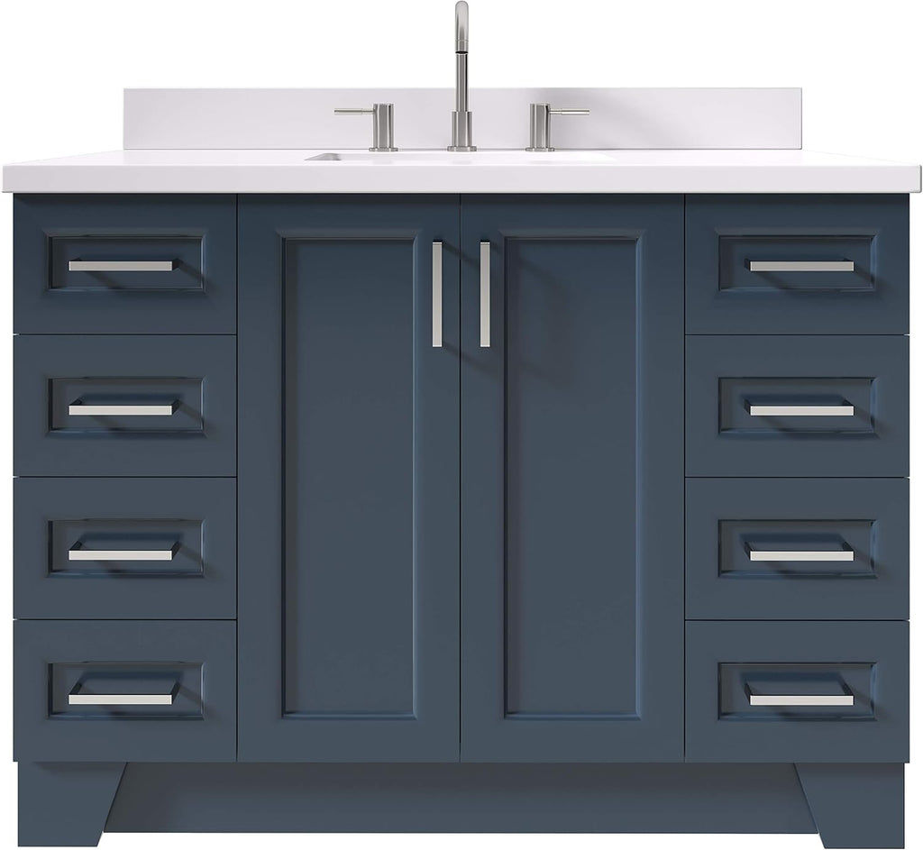 ARIEL Taylor 48-inch Bathroom Vanity with Sink,Solid Wood, 1.5-inch Pure White Quartz Countertop, Single Rectangular Porcelain Sink, 2 Soft Closing Doors, 9 Dovetail Drawers, Midnight Blue
