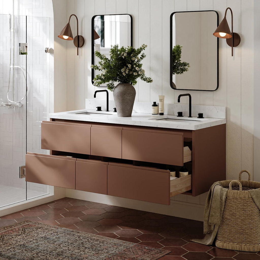 ARIEL West 60 Inch Wall-Mounted Double Rectangle Sink Bathroom Vanity with Carrara White Quartz Countertop 1.5 Inch in Mocha