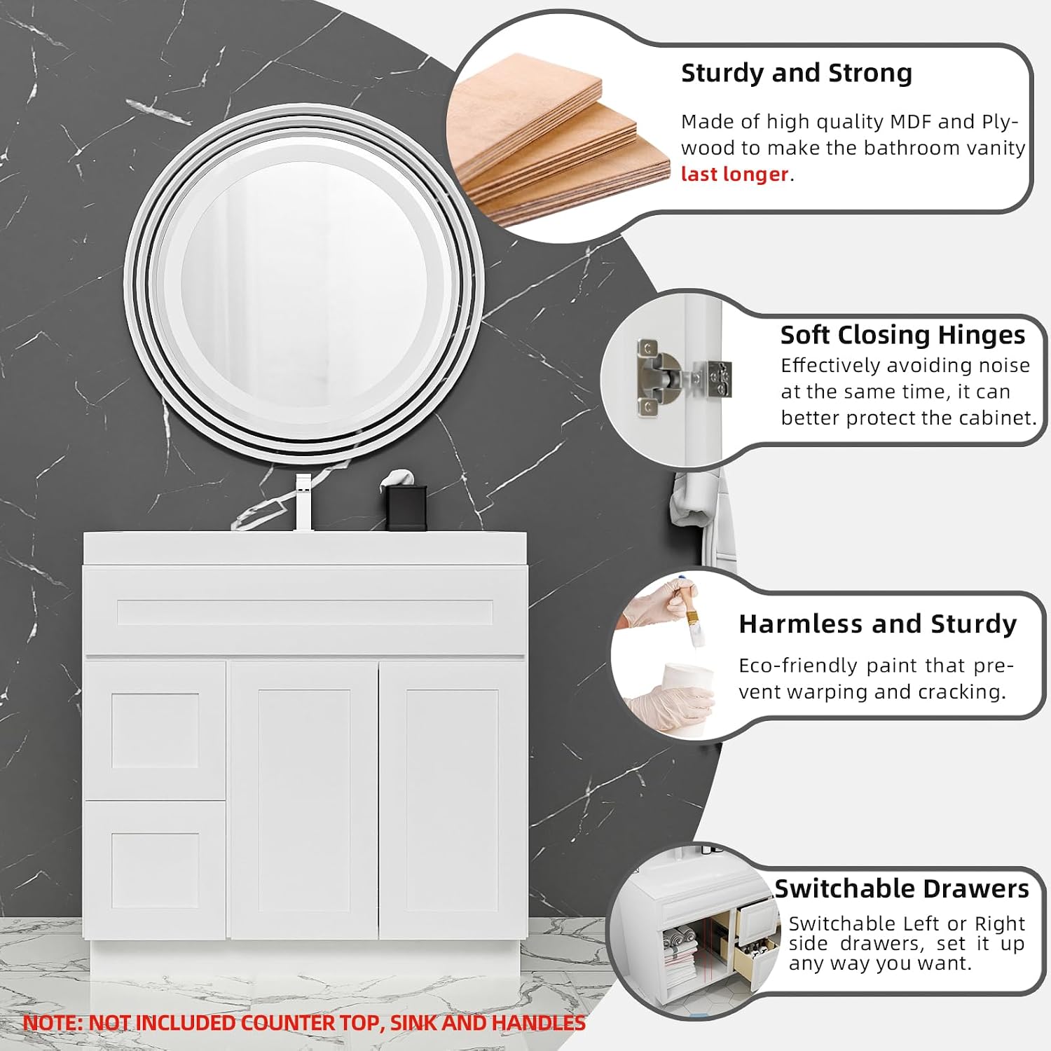 KitchenMan Bathroom Vanity 36 Inch Unassembled Bathroom Sink Cabinet with 2 Shaker Drawers and Vanity for Bathroom, White (Handles and Sink Basin Not Included)
