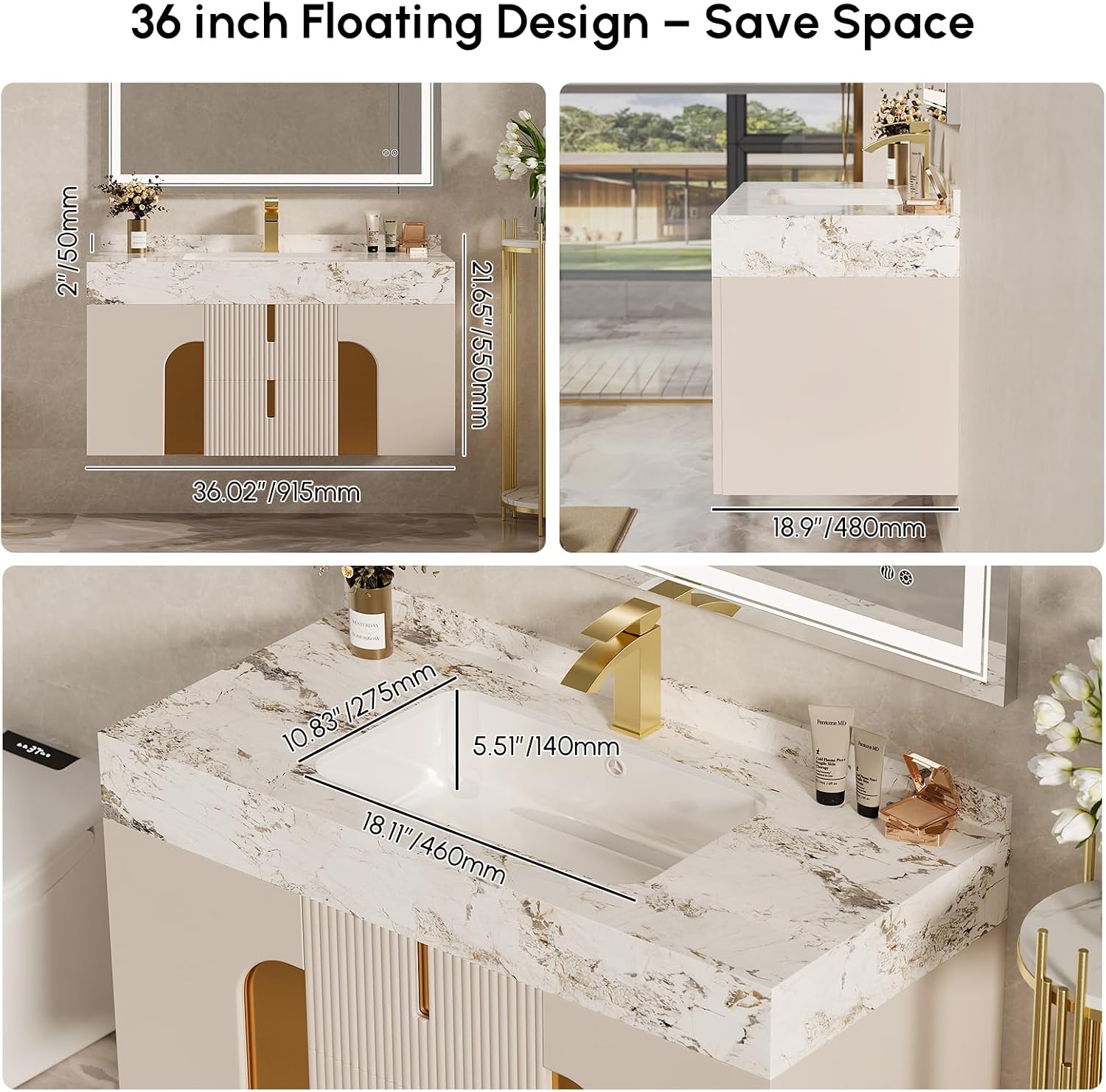 homary 36 Inch Bathroom Vanity with Sink, Contemporary Floating Vanity with Sintered Stone Countertop & Undermount Ceramic Basin, 2 Drawers & 2 Open Shelves, Space Saving Design, Beige