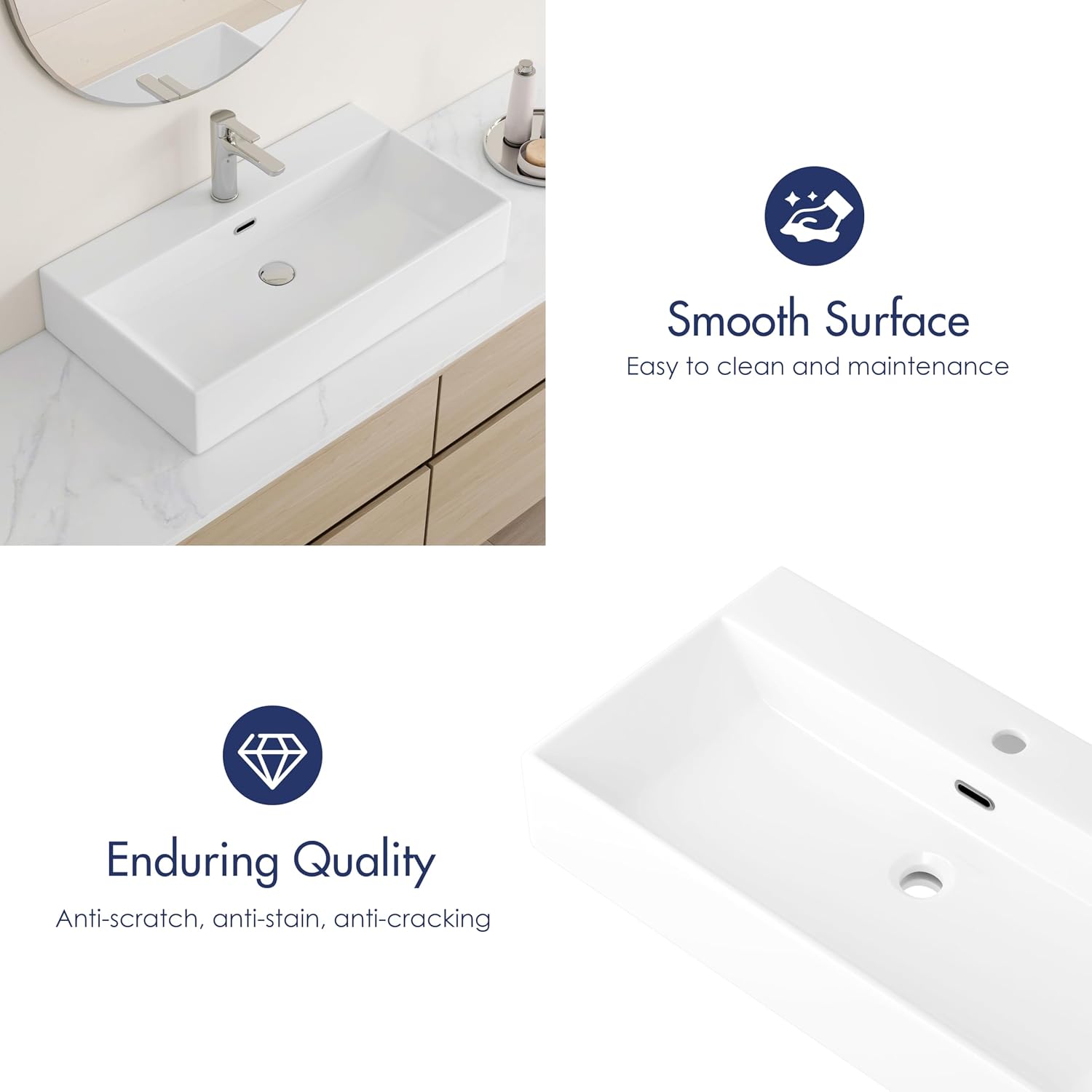Eridanus Bathroom Sink 30' x 16' Rectangular Vessel Sink, Wall Mount Above Counter Vanity Sink, Premium Ceramic White Art Basin with Overflow, Lavatory Trough Floating Washbasin