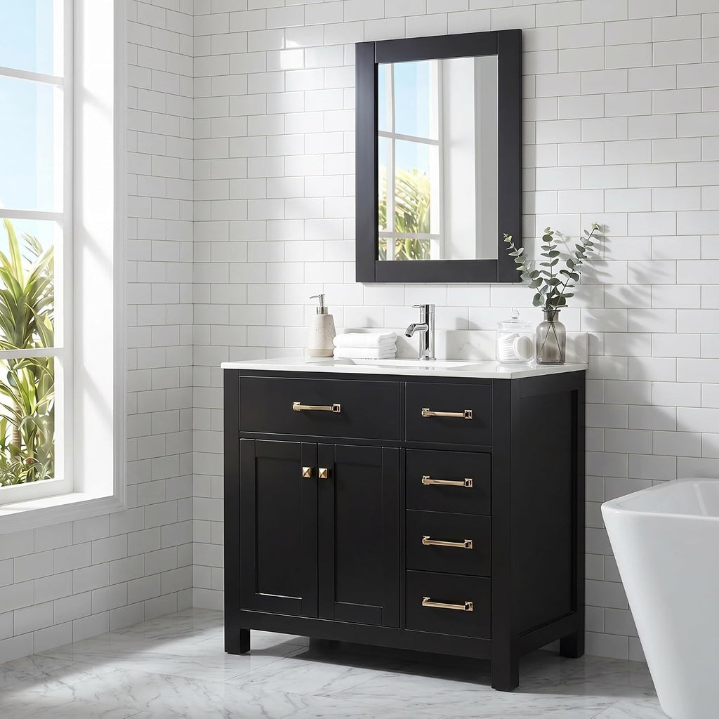 36 inch Bathroom Vanity with Sink Countertop Mirror Faucet Modern Black | Freestanding bathroom vanity cabinet, ceramic single sink combo