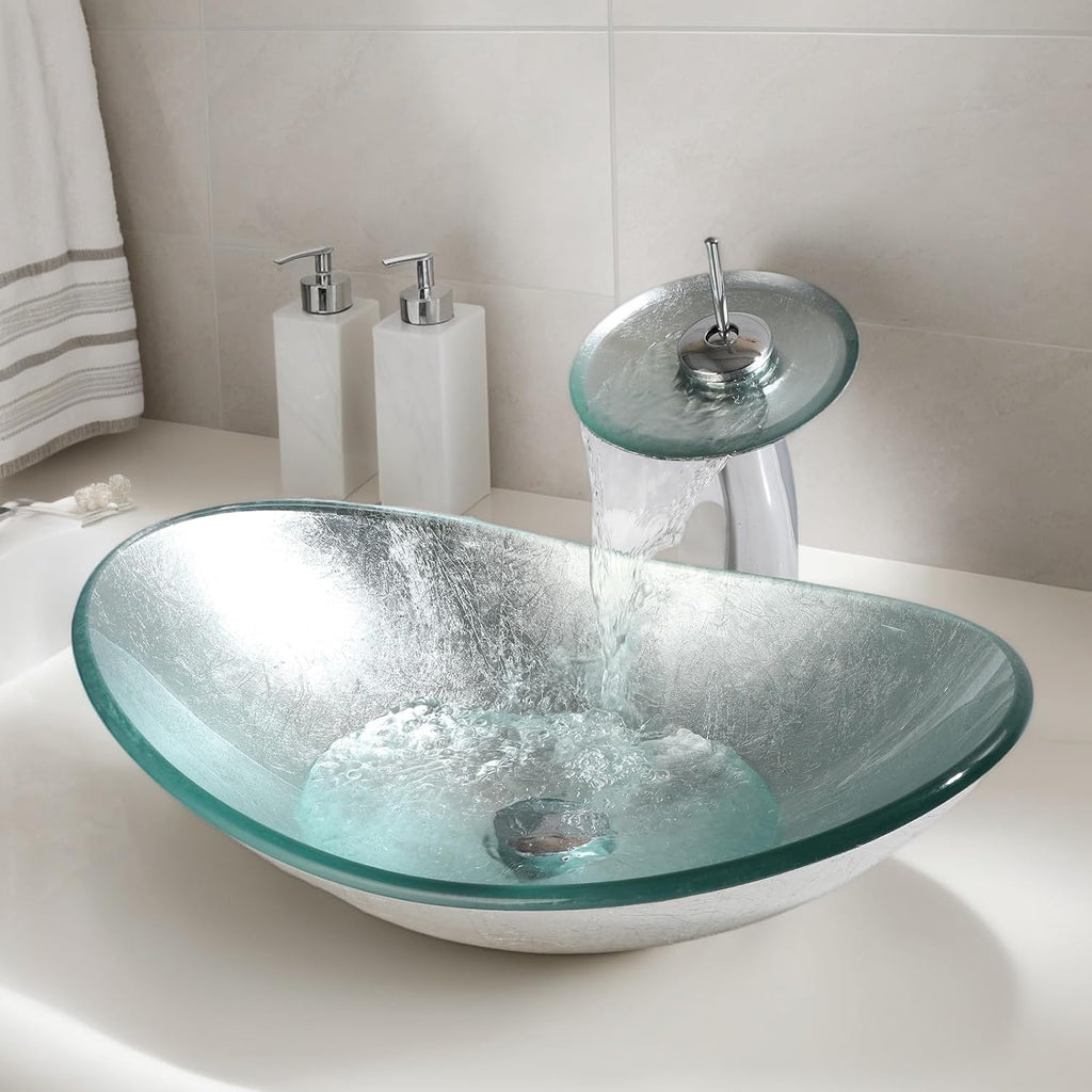 Oval Glass Vessel Sink with Faucet and Pop-Up Drain 22x14 Inch Silver Tempered Glass Bathroom Washbasin Boat Shape Design Top Mount Bowl Sinks For Modern Bathrooms Vanities