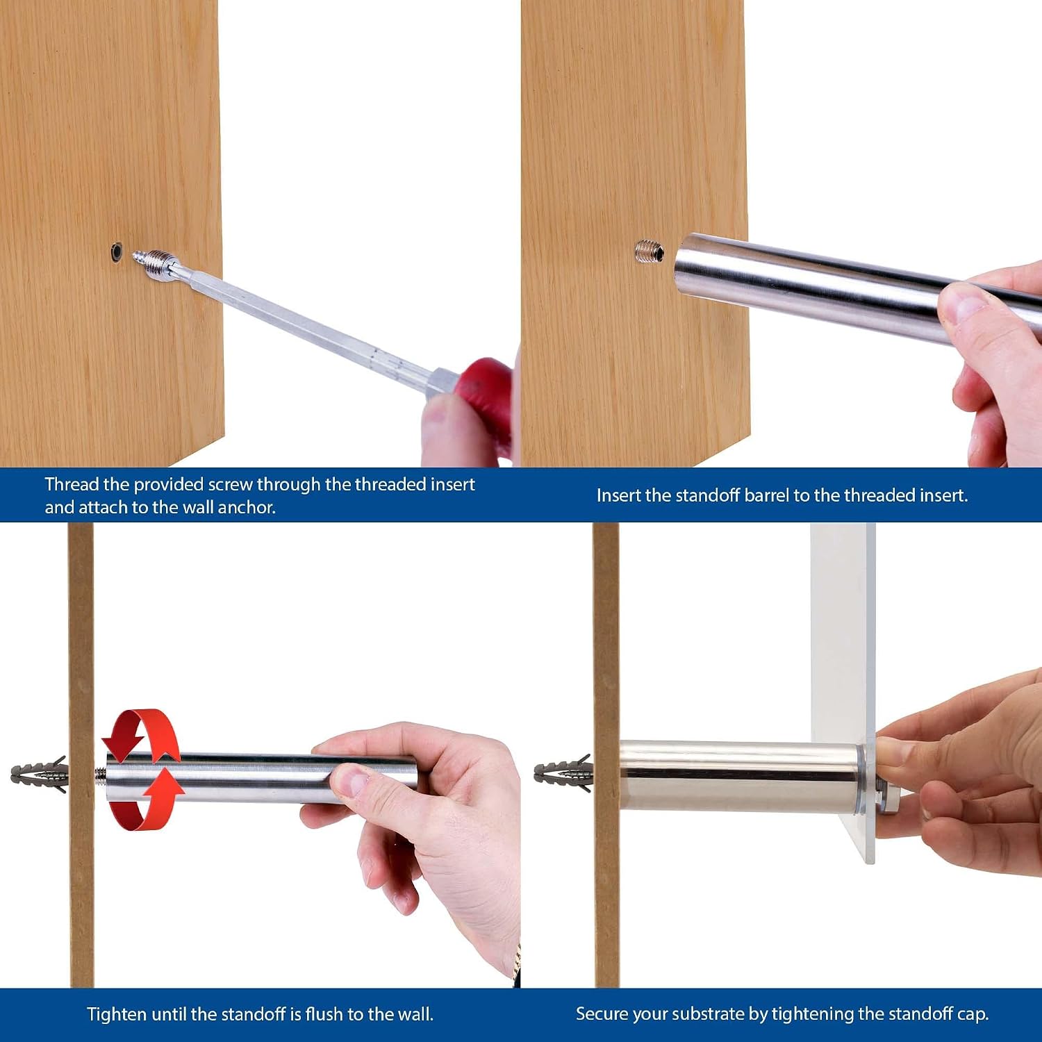 Stainless Steel Standoff 1-1/2 Inch Diameter x 6 Inch Barrel Length Brushed Finish for PVC, Glass and Acrylic Sign Stand Off Wall Anchors and Screws 20 Piece Store/Restaurant Pack