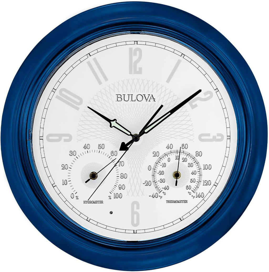 Bulova Tiverton Wall Clock C4885 | 18' Gloss Royal Blue Metal Frame with LED Backlighting | Silent Sweep Quartz Movement | Battery Operated | Weatherproof Outdoor Décor