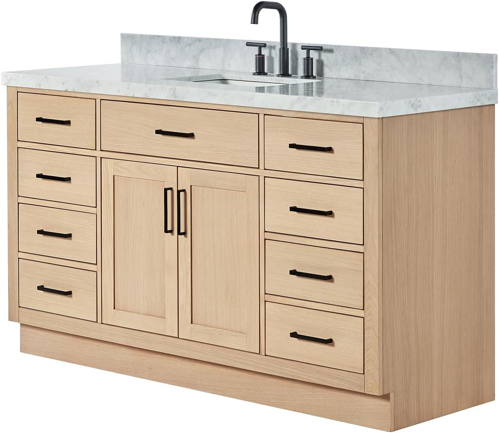 ARIEL Hepburn 60-inch Bathroom Vanity with Sink,Solid Wood, 1.5-inch Italian Carrara Marble Countertop, Single Rectangular Porcelain Sink, 2 Soft Closing Doors, 9 Dovetail Drawers, White Oak