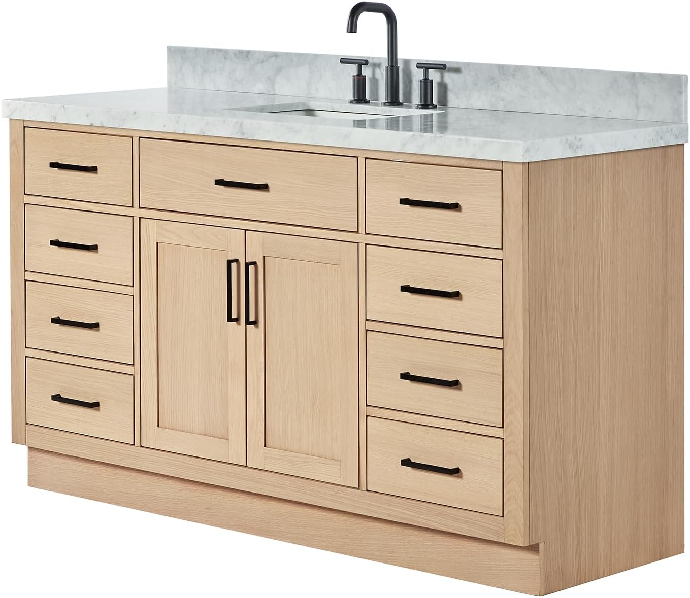 ARIEL Hepburn 60-inch Bathroom Vanity with Sink,Solid Wood, 1.5-inch Italian Carrara Marble Countertop, Single Rectangular Porcelain Sink, 2 Soft Closing Doors, 9 Dovetail Drawers, White Oak