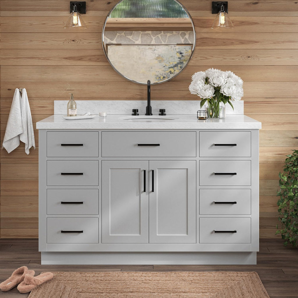 ARIEL Hepburn 54-inch Bathroom Vanity with Sink,Solid Wood, 1.5-inch Italian Carrara Marble Countertop & Backsplash, Single Oval Porcelain Sink, 2 Soft Closing Doors, 9 Dovetail Drawers, Grey