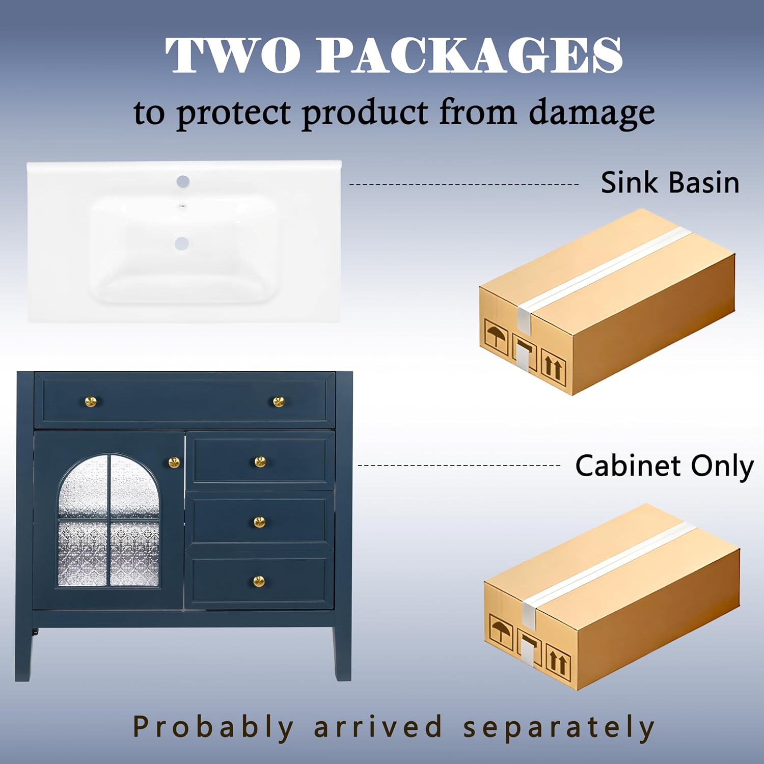 36 inch Bathroom Vanity with Sink, Mid Century Modern Freestanding Bathroom Cabinet with Ceramic Sink, 1 Flip Top Drawer, 2 Storage Drawers, Flower Patterned Glass Door, Adjustable Shelf, Blue