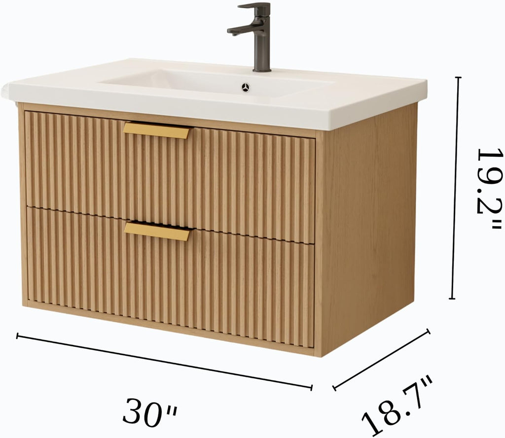 Modern 30' Floating Bathroom Vanity with White Sink in Oak Gray, Solid Wood, Fully Assembled, Single Sink