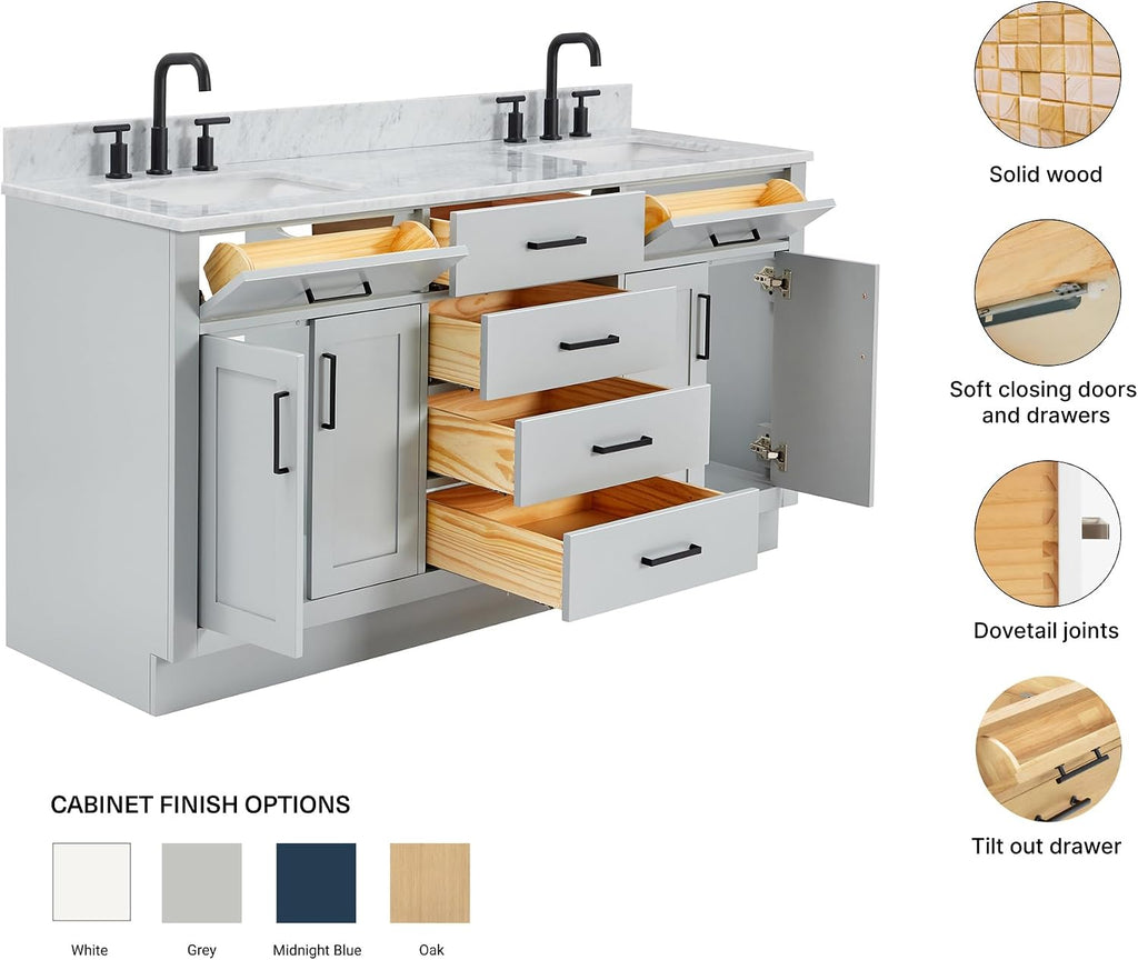 ARIEL Hepburn 66-inch Bathroom Vanity with Sink,Solid Wood, 0.75-inch Italian Carrara Marble Countertop, Double Rectangular Porcelain Sink, 4 Soft Closing Doors, 6 Dovetail Drawers, Grey