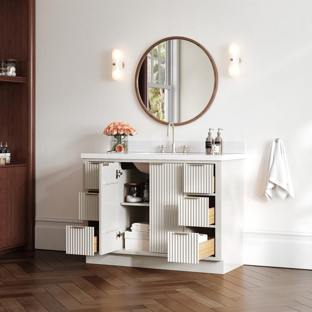 ARIEL Milan 48-inch Bathroom Vanity with Sink,Solid Wood, 1.5-inch Pure White Quartz Countertop & Backsplash, Single Rectangular Porcelain Sink, 2 Soft Closing Doors, 6 Dovetail Drawers, Warm White