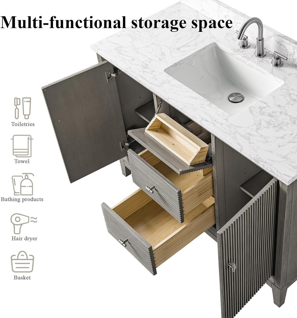 HOMEBEYOND 48' Bathroom Vanity with Single Sink & Engineered Marble Top, Solid Wood Frame, Linear Pattern & Soft Close Door | Golden Brushed Handware, Driftwood Gray