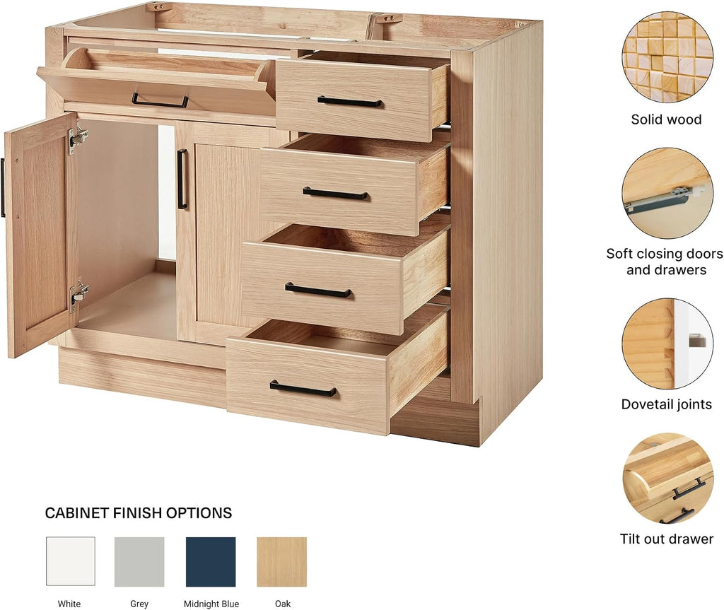 ARIEL Hepburn 42-inch Bathroom Vanity Base Cabinet,Solid Wood, 2 Soft Closing Doors, 5 Dovetail Drawers, White Oak