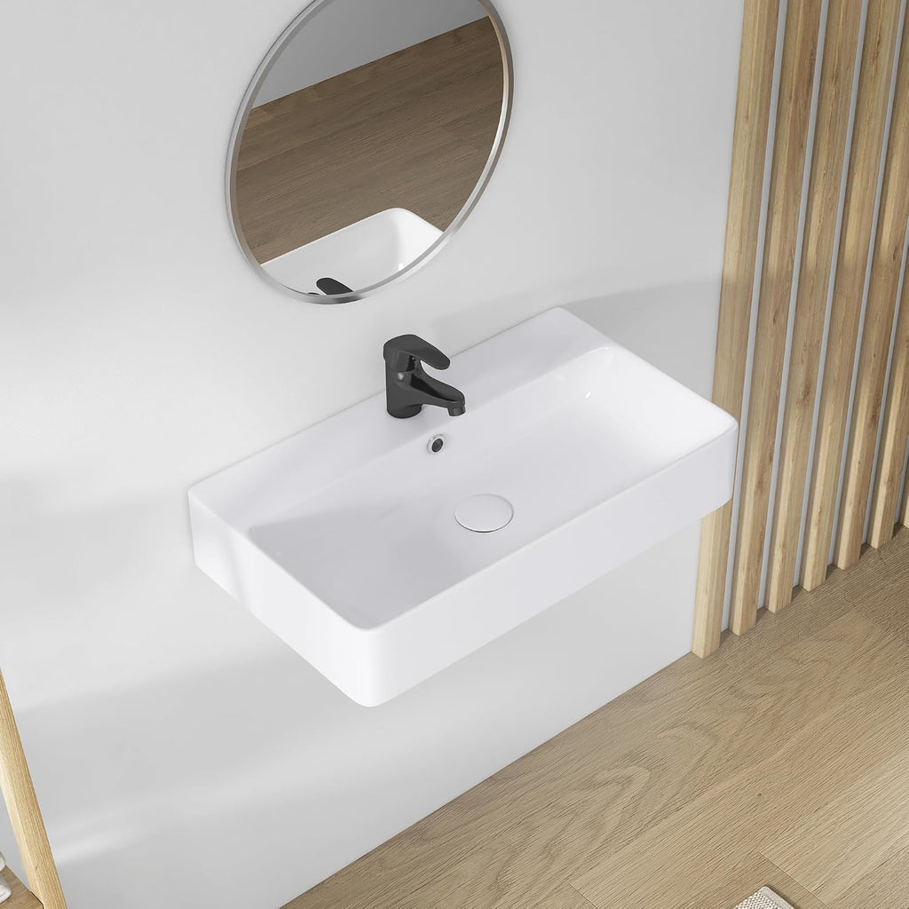 Rectangle Bathroom Vessel Sink 28' x 16.5', Eridanus Wall Mount Sink Ceramic Porcelain, Modern Above Counter Sink White Floating Lavatory Vanity Trough Art Basin with Overflow