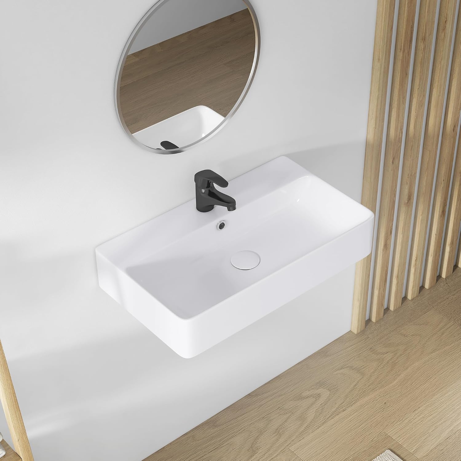Rectangle Bathroom Vessel Sink 28' x 16.5', Eridanus Wall Mount Sink Ceramic Porcelain, Modern Above Counter Sink White Floating Lavatory Vanity Trough Art Basin with Overflow