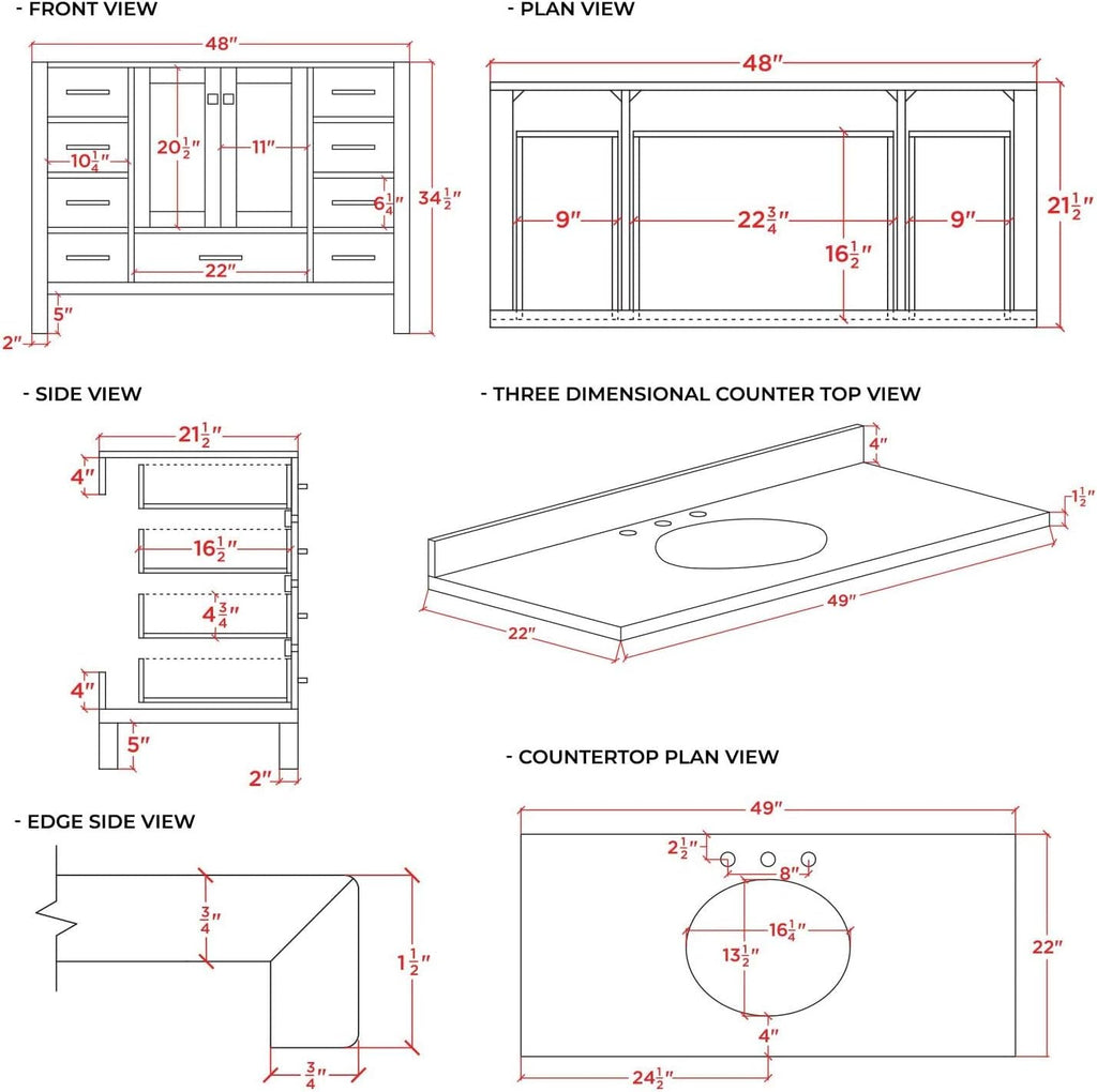ARIEL Cambridge 48-inch Bathroom Vanity with Sink,Solid Wood, 1.5-inch Italian Carrara Marble Countertop & Backsplash, Single Oval Porcelain Sink, 2 Soft Closing Doors, 9 Dovetail Drawers, Grey