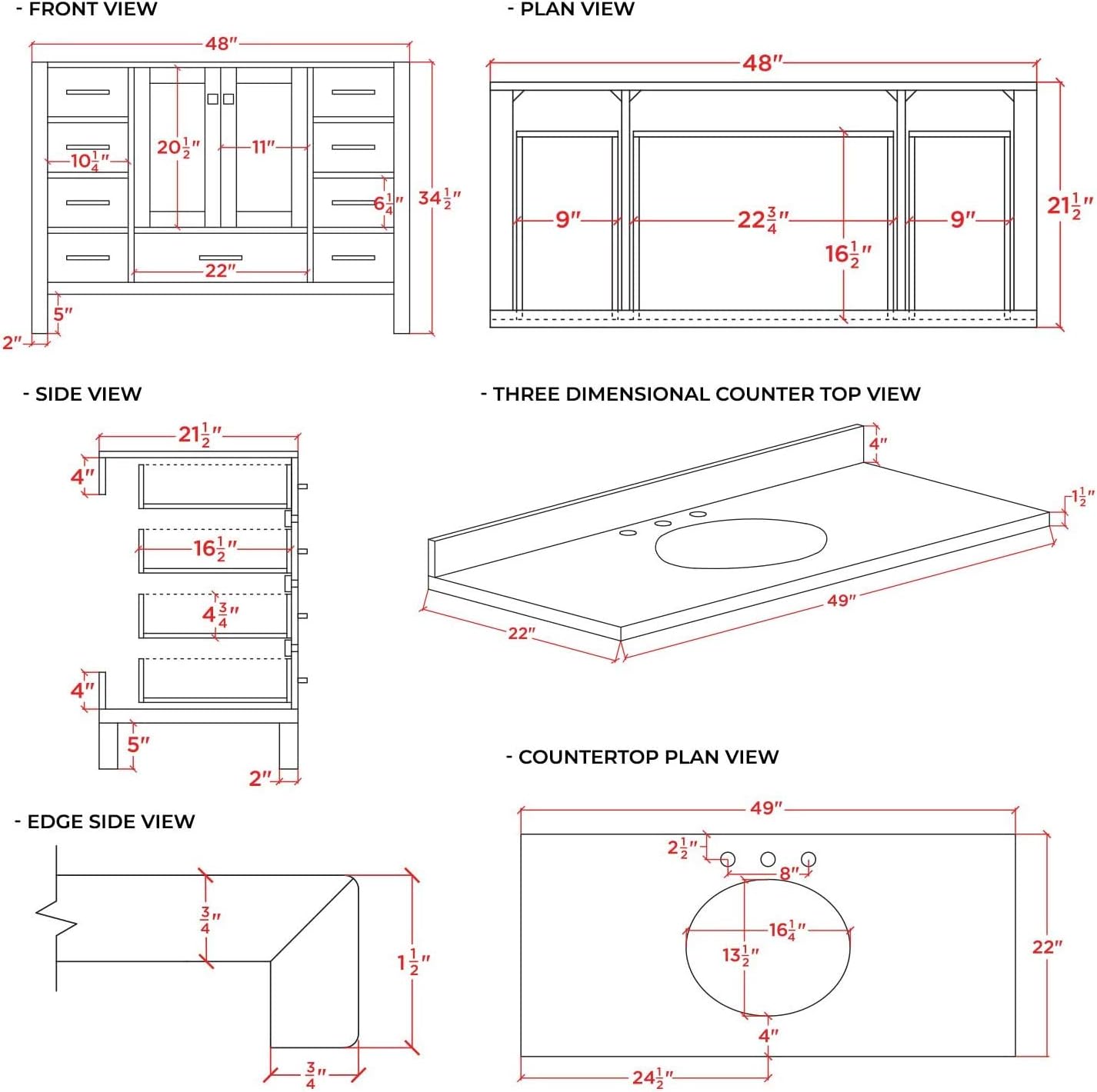 ARIEL Cambridge 48-inch Bathroom Vanity with Sink,Solid Wood, 1.5-inch Italian Carrara Marble Countertop & Backsplash, Single Oval Porcelain Sink, 2 Soft Closing Doors, 9 Dovetail Drawers, Grey