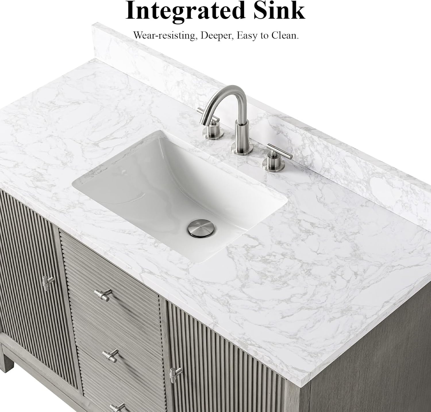 HOMEBEYOND 48' Bathroom Vanity with Single Sink & Engineered Marble Top, Solid Wood Frame, Linear Pattern & Soft Close Door | Golden Brushed Handware, Driftwood Gray