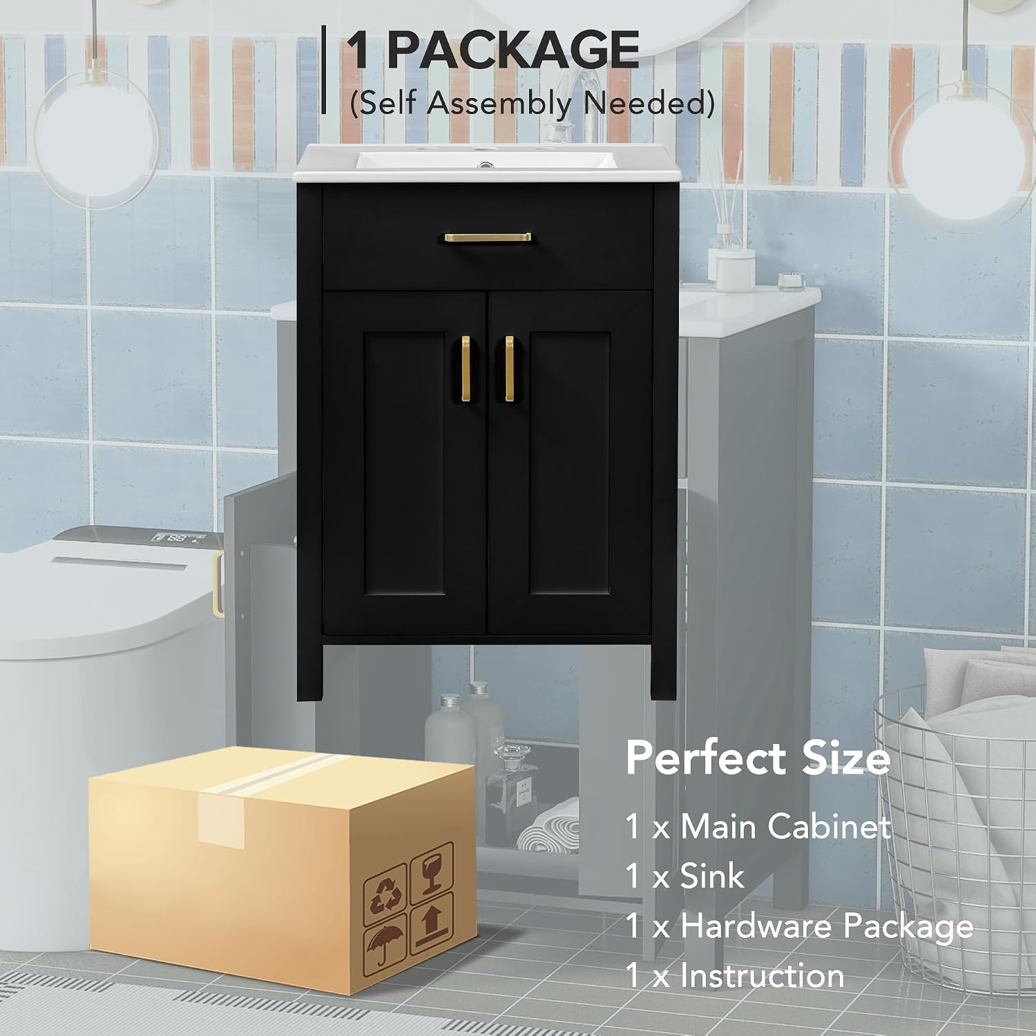 Harper & Bright Designs 24' Bathroom Vanity with Sink, Free Standing Single Basin Vanity Set with 2 Soft-Close Doors and Drawer, Modern Wooden Bathroom Cabinet with Ceramic Basin for Bathroom, Black