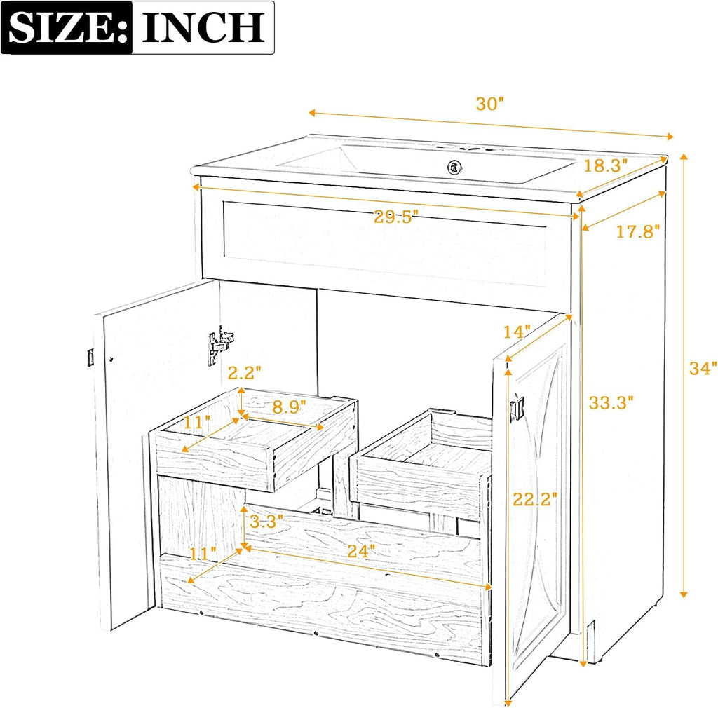 30 Inch White Bathroom Vanity with Sink,Modern Freestanding Bathroom Vanity with Storage Rack,Intergrated Countertop,Gold Handles,Elegant Soft Closing Doors(Ceramic Sink)