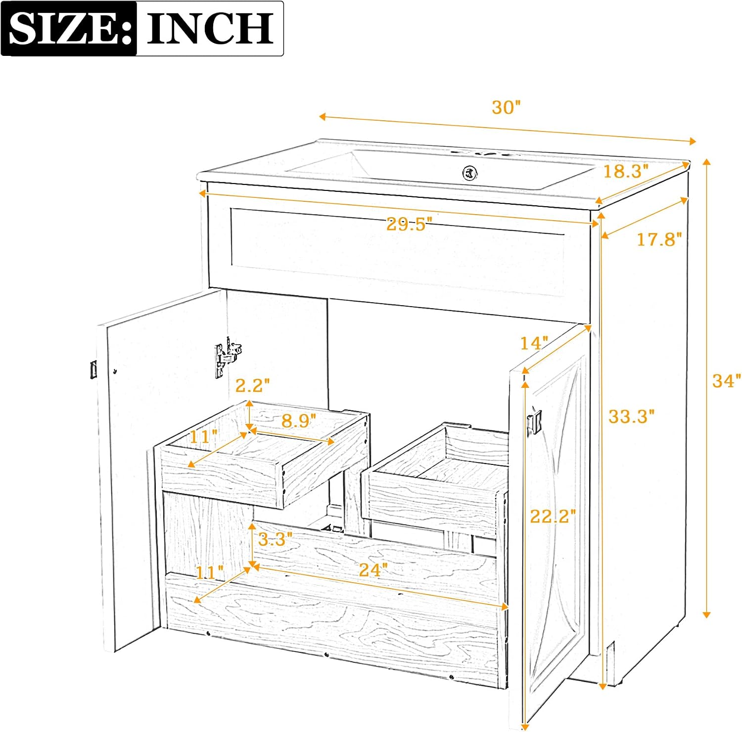 30 Inch White Bathroom Vanity with Sink,Modern Freestanding Bathroom Vanity with Storage Rack,Intergrated Countertop,Gold Handles,Elegant Soft Closing Doors(Ceramic Sink)