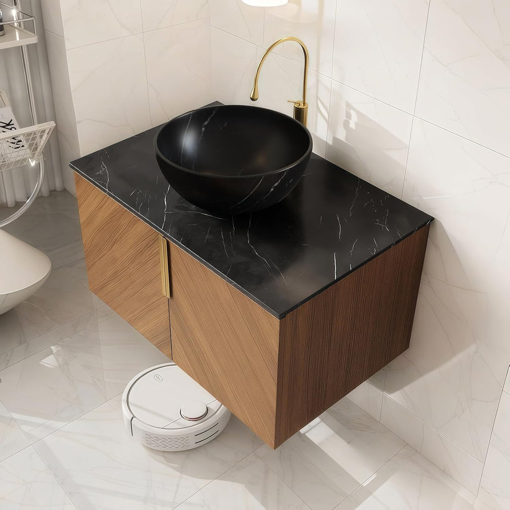 LKTART 30 Inch Bathroom Vanity with Sink, Modern Wall Mounted Bathroom Sink with 2 Doors, Black Sintered Stone Countertop and Gray-Black Bowl Ceramic Basin, Brown