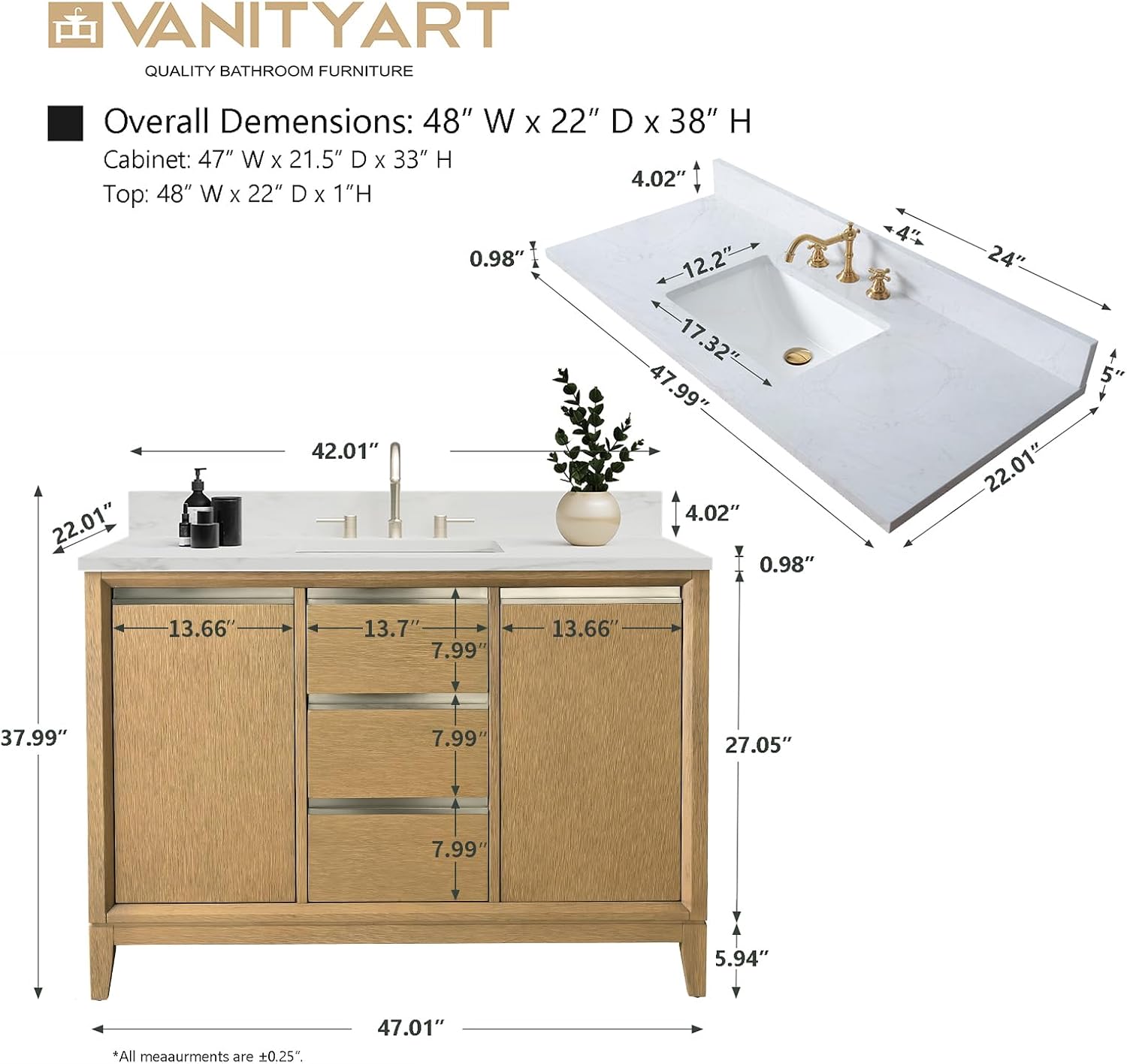 Vanity Art 48 inch Bathroom Vanity with Sink & Ceramic Top, Vanity Cabinet with Soft-Closing Doors, Drawers, Solid Wood Frame, Natural Oak, VA8048-NO1