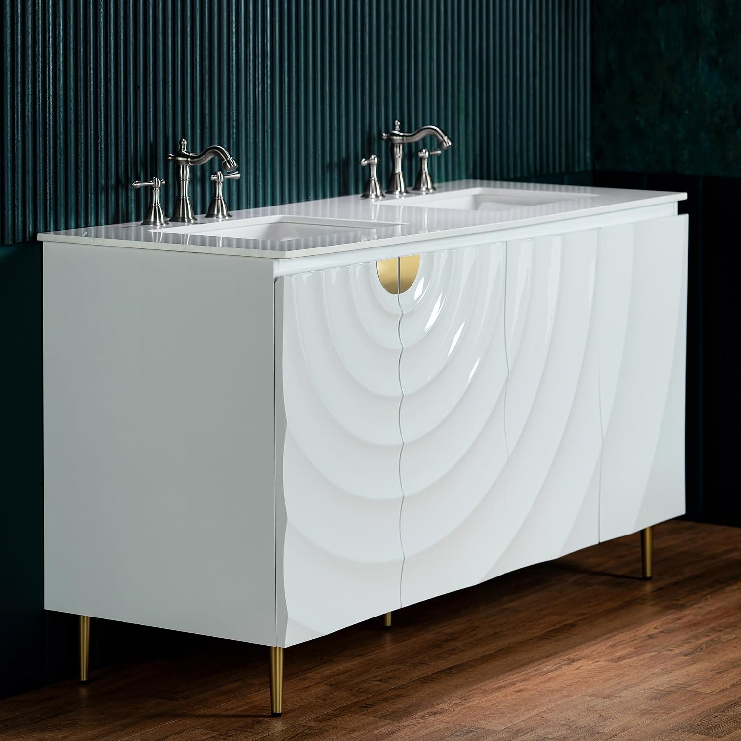 Woodbridge 60'x22' Bathroom Vanity with Double Ceramic Undermount Sinks, White Engineered Stone Top,3D Wave Pattern Cabinet Doors, Sleek Thin Legs,Glossy White Finish for a Clean, Modern Look