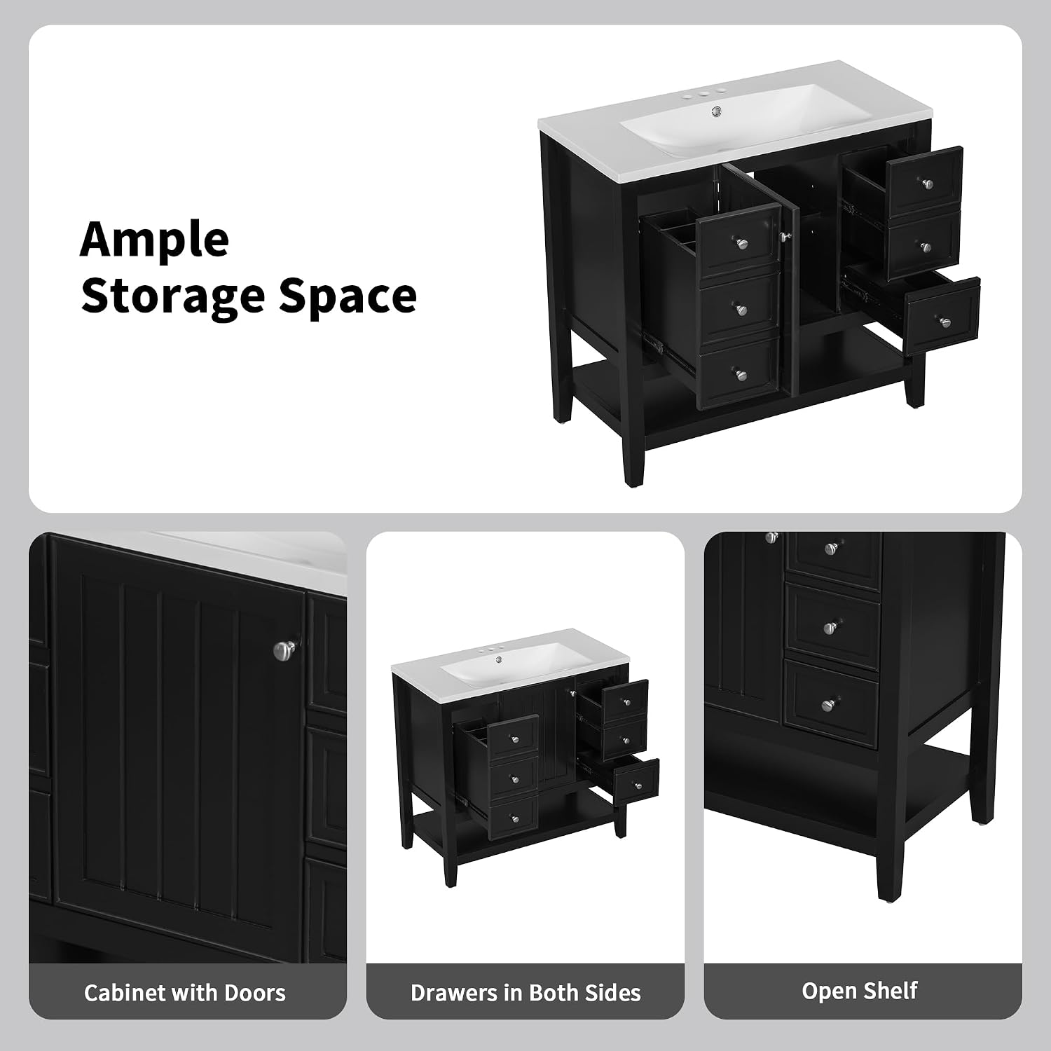 LUMISOL 36' Bathroom Vanity with Sink Combo, Bathroom Vanity Storage Cabinet with 3 Drawers & Open Shelf, Solid Wood Frame Bathroom Cabinet with Ceramic Sink, Black